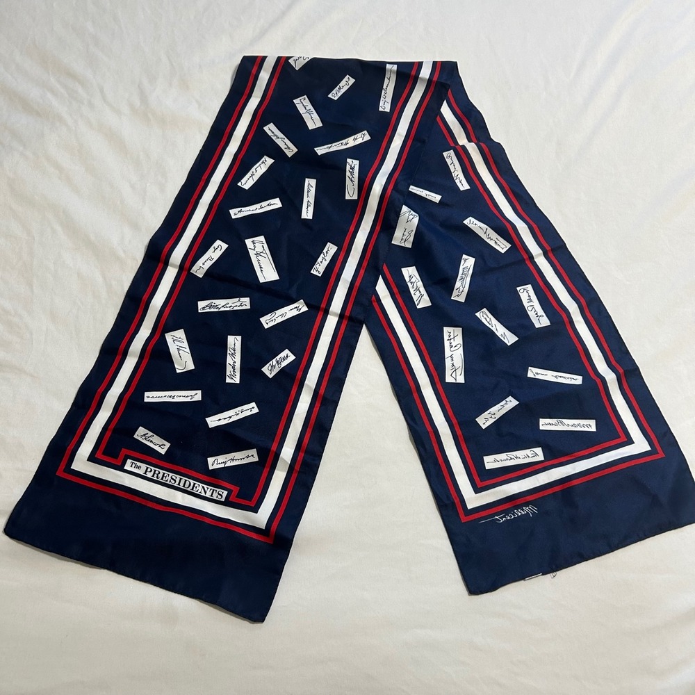 Millicent Vintage The Presidents Scarf US Presidential Signatures Navy Red 53"